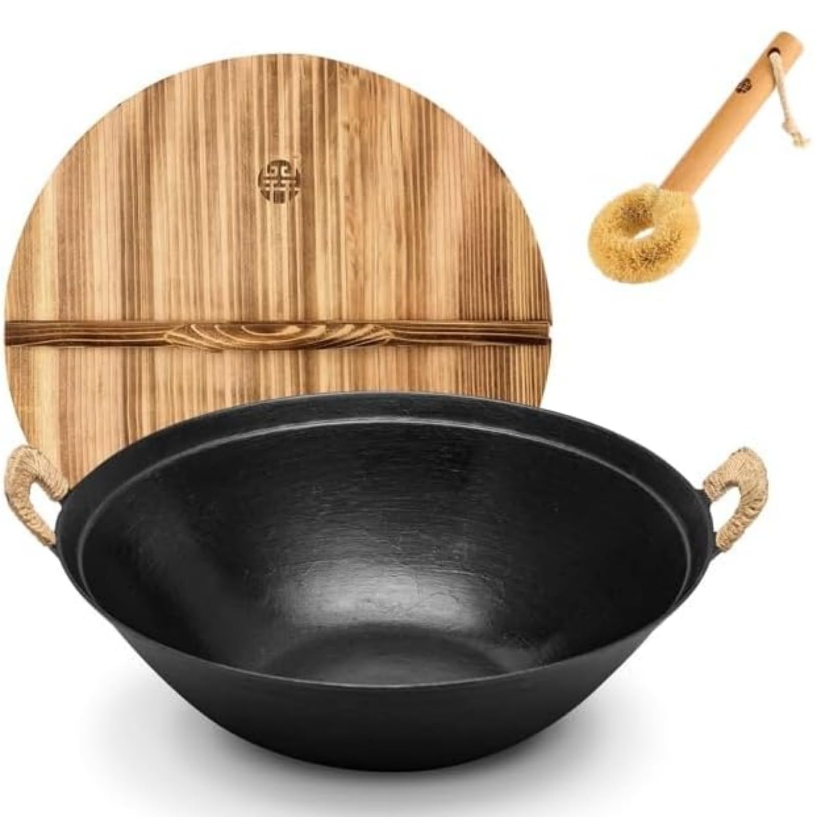 新品　鋳鉄/生鉄/中華鍋 麻製ハンドル 木製蓋付き Amazon | WANGYUANJI 鋳鉄製 中華鍋 14.2インチ 大型中華鍋 炒め鍋